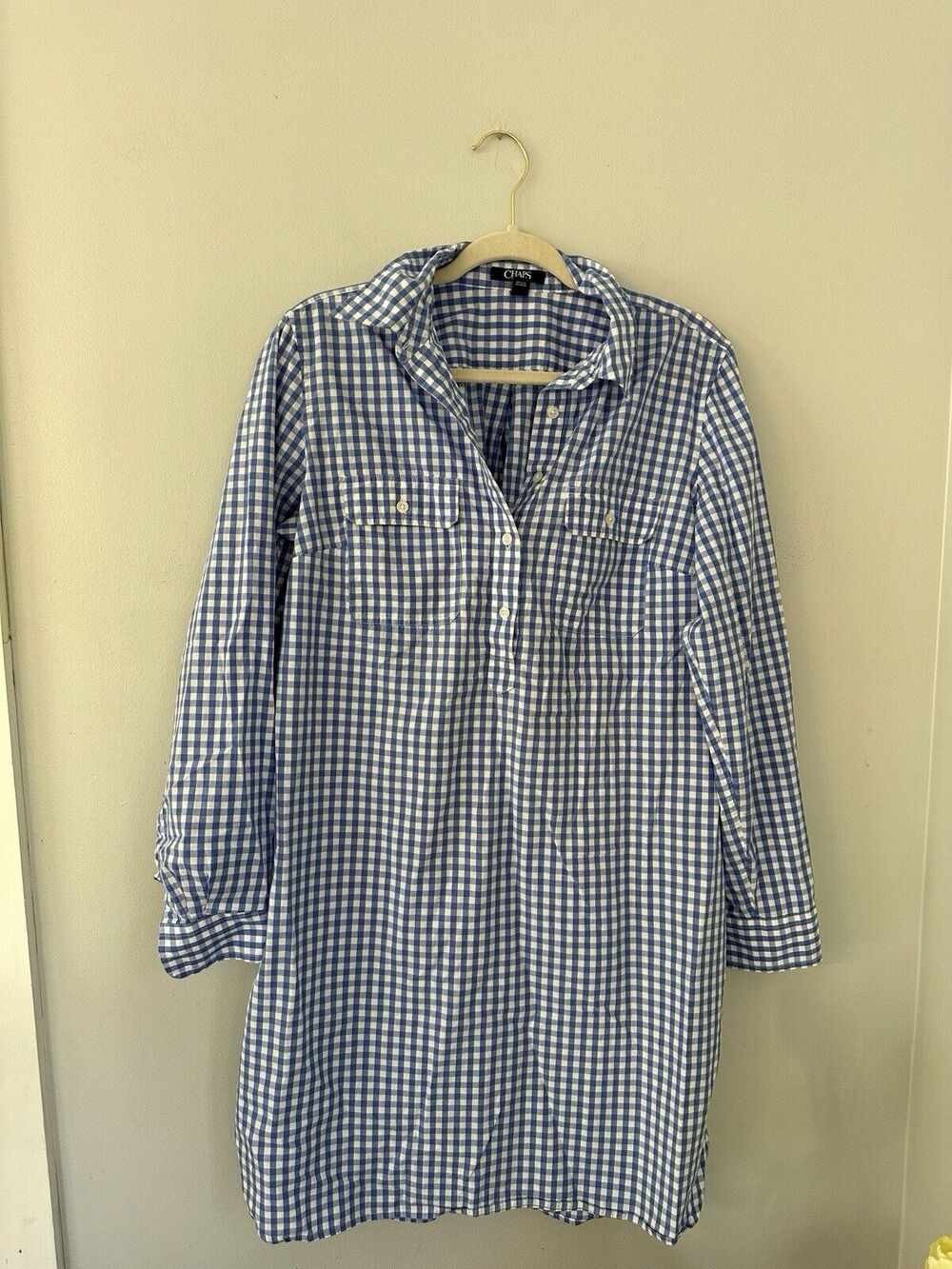 Chaps Gingham Shirt Dress Women’s Large Blue White Plaid Cotton Preppy Midi